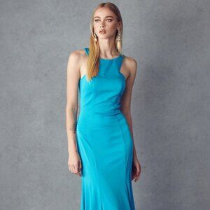 NEW FLOOR LENGTH SLEEVELESS MERMAID POLYESTER DRESS WITH RUFFLED LAYER JT 645
